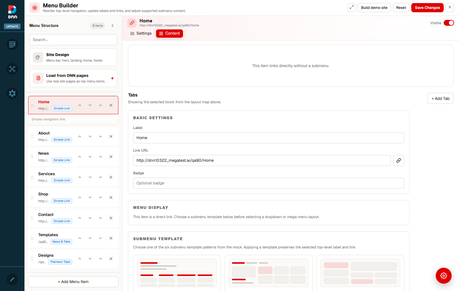 The Menu Builder open over a page, showing the Menu Structure panel on the left and the item editor on the right