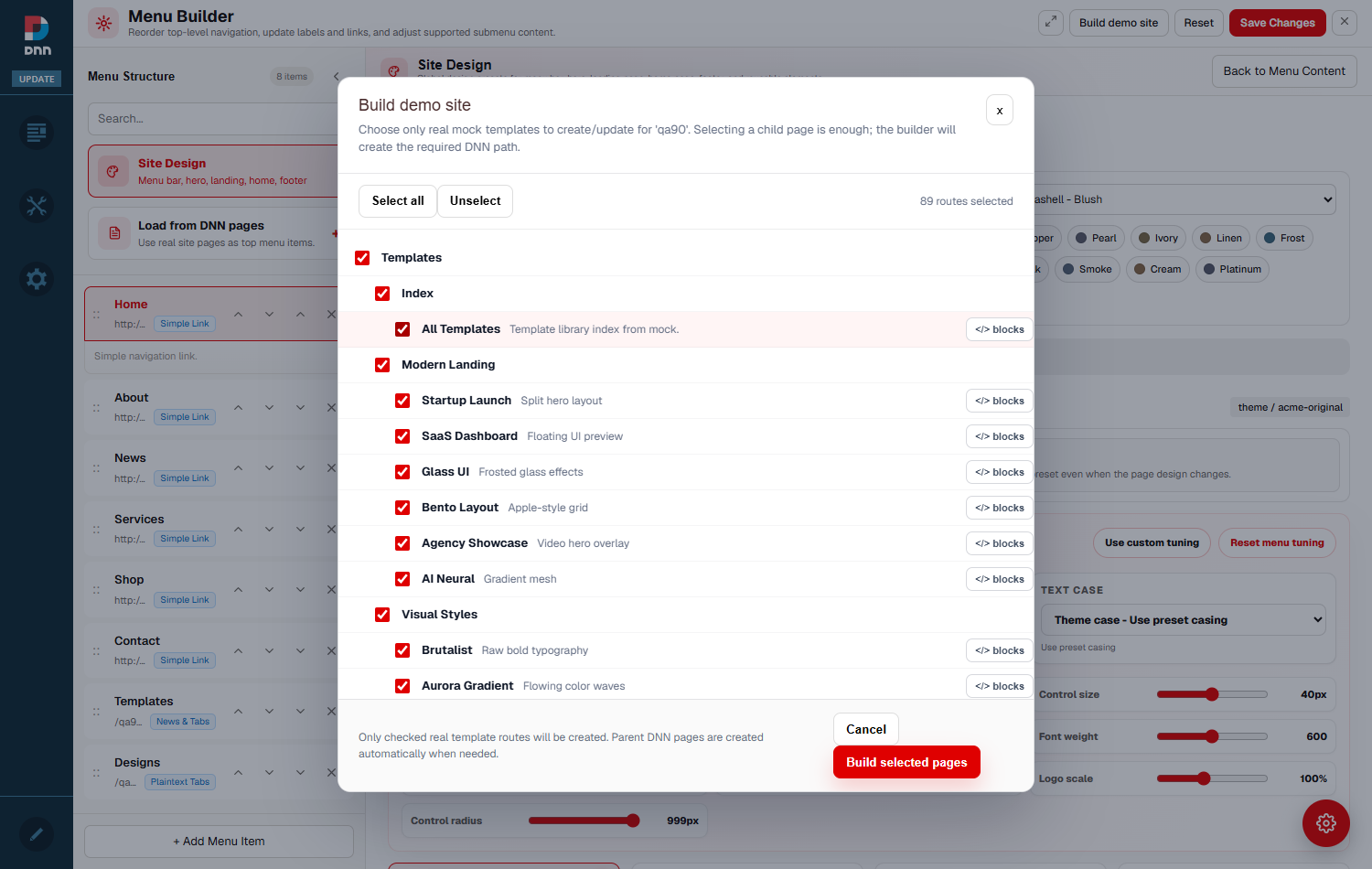 The Build demo site dialog listing the full mock library of template and design routes grouped by category