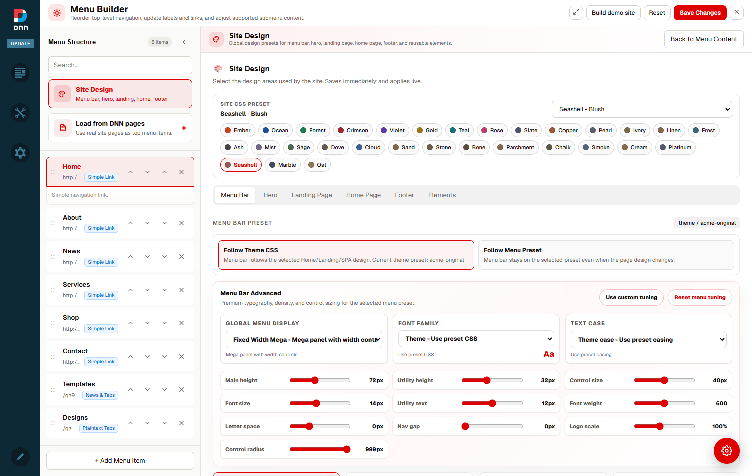 The Site Design panel inside the Menu Builder, showing menu bar, hero, landing, home and footer options