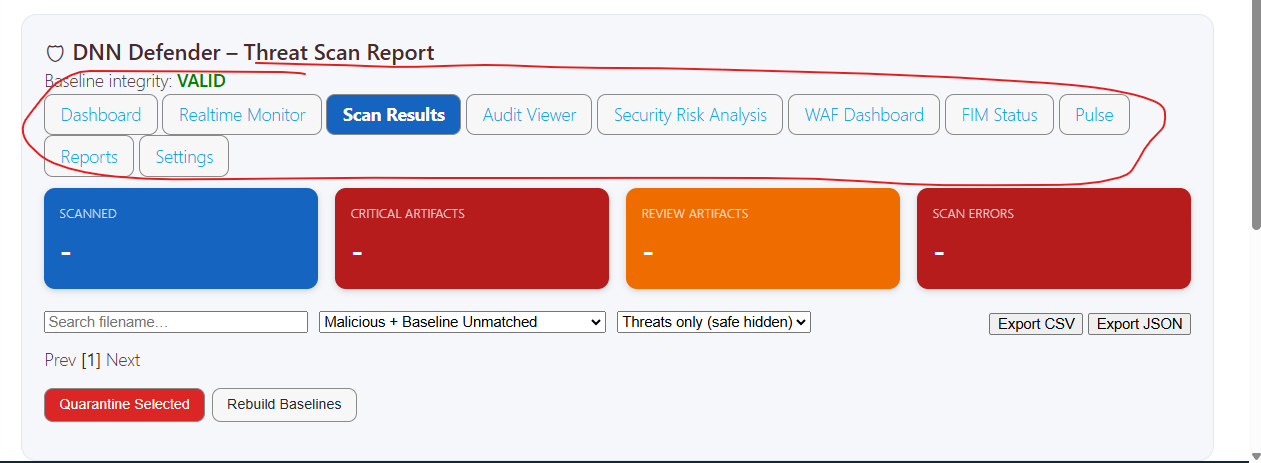 Actual DNN Defender Scan Results screen showing scan status, critical artifacts, review artifacts, and scan errors
