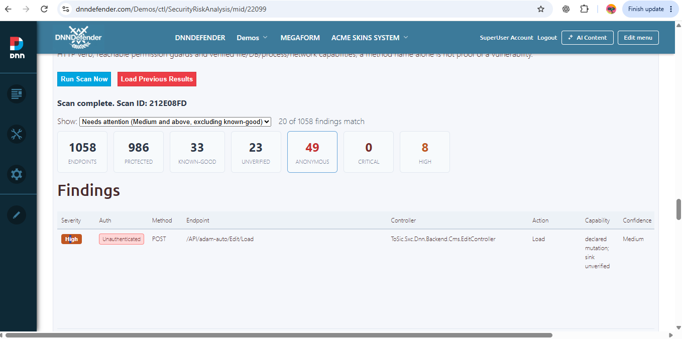 API Security Scanner listing candidate endpoints with methods, authorization, capabilities and severity