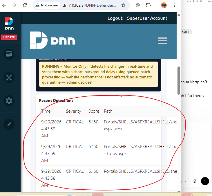Actual DNN Defender Realtime Monitor screen showing recent detections