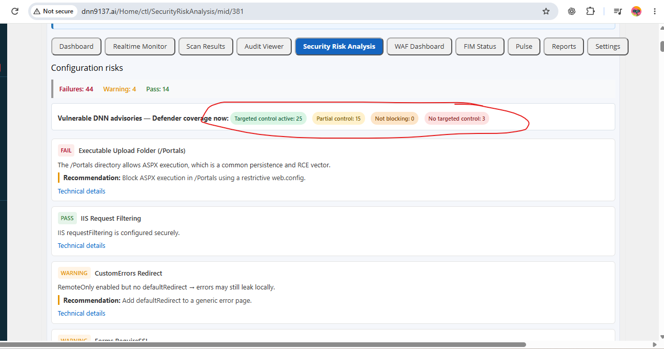 Actual DNN Defender Security Risk Analysis screen showing advisory control coverage pills and configuration findings