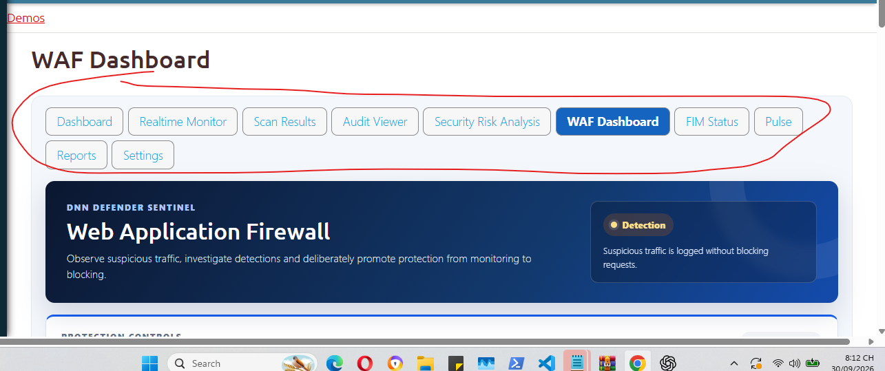 Actual DNN Defender WAF Dashboard showing the operating mode and protection controls