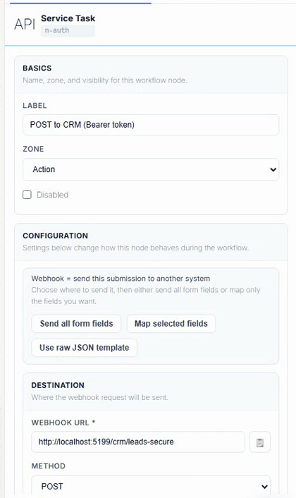 The Webhook node settings panel: destination URL and method, payload mode, then Advanced options with the auth type, bearer token, timeout, retry and response routes
