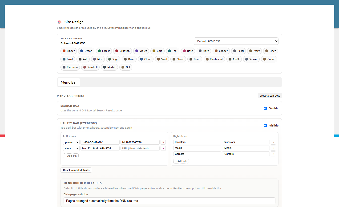 CISS Site Design panel with working menu preset selection and Search box visibility control