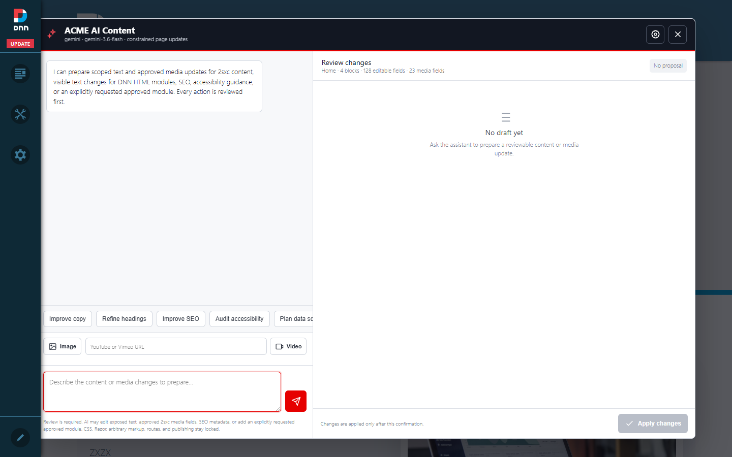 ACME AI Content dialog on an ApertureCiss page with the page block and editable field inventory loaded