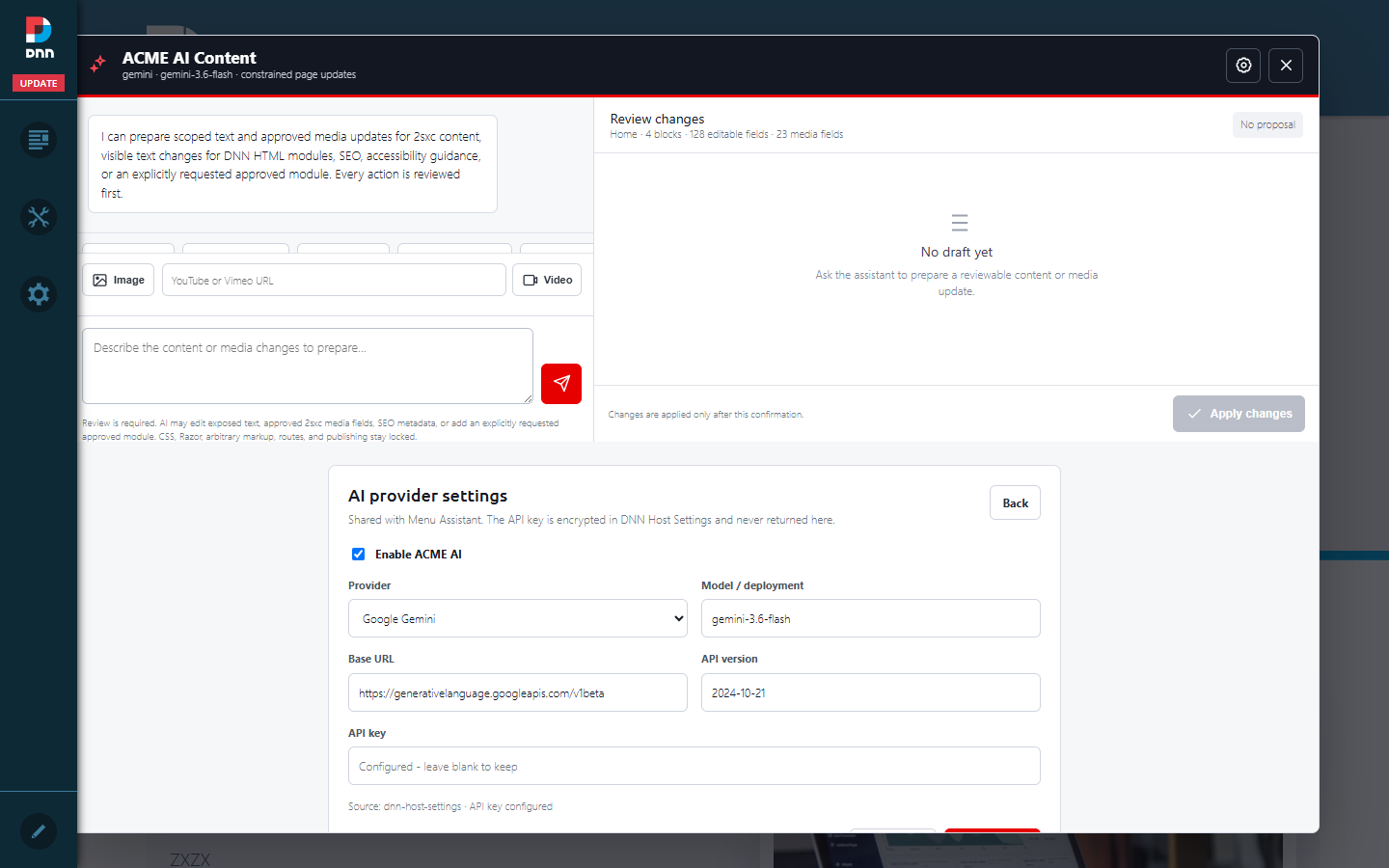 Secure ACME AI provider settings on an ApertureCiss page with provider model base URL API version and masked API key fields