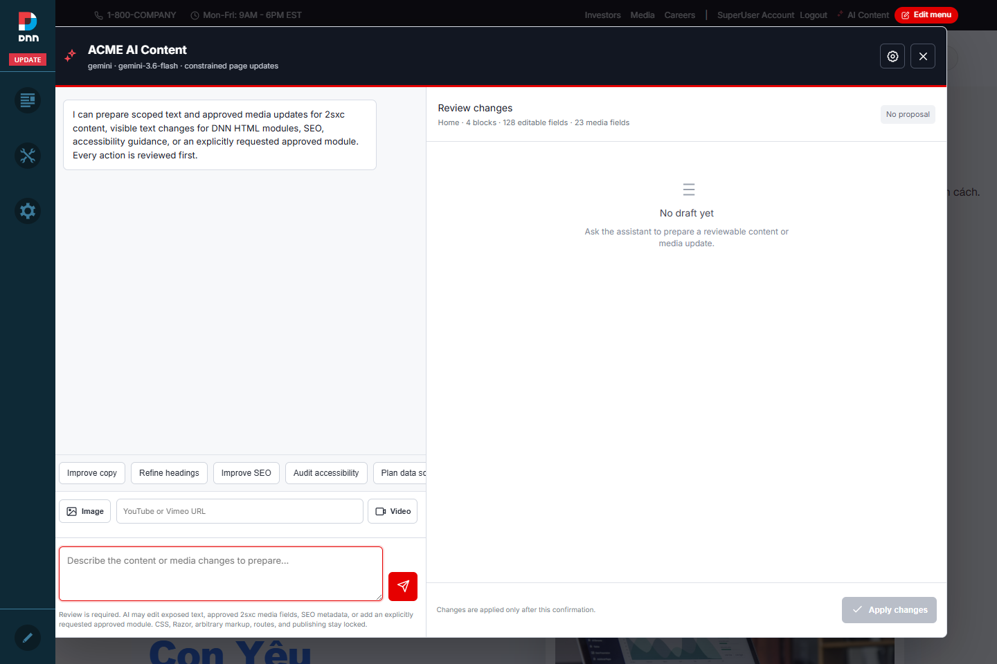 ACME AI Content opened on a DNN page with a current-page content inventory