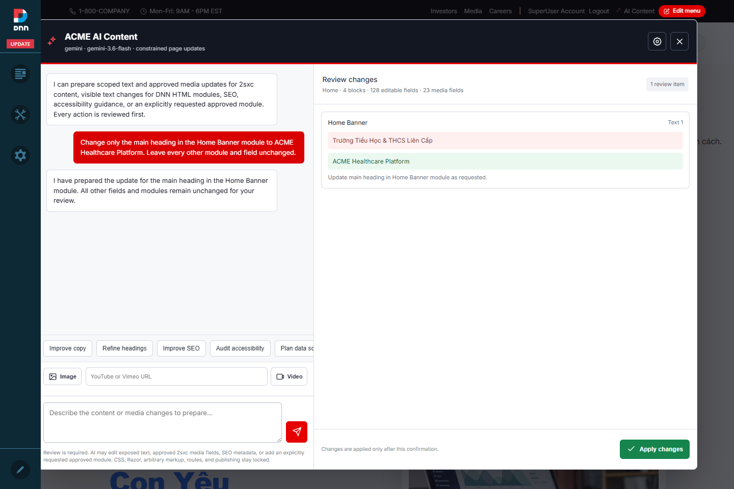 AI Content review showing one proposed heading change in the Home Banner module