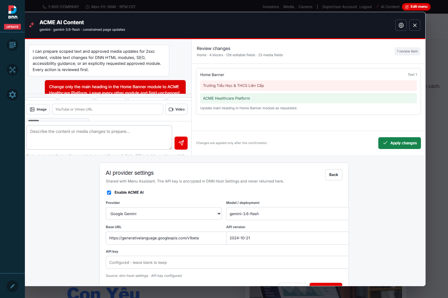 ACME AI provider settings with provider, model, endpoint, and protected API key controls