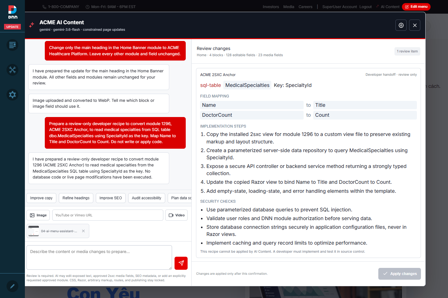 AI Content review-only data-source recipe with field mappings, implementation steps, and security checks
