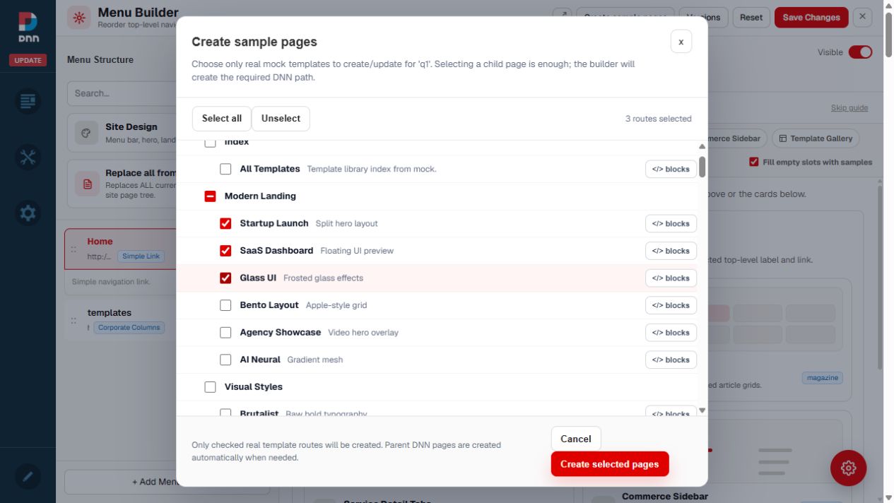 Create sample pages dialog with Startup Launch, SaaS Dashboard, and Glass UI selected
