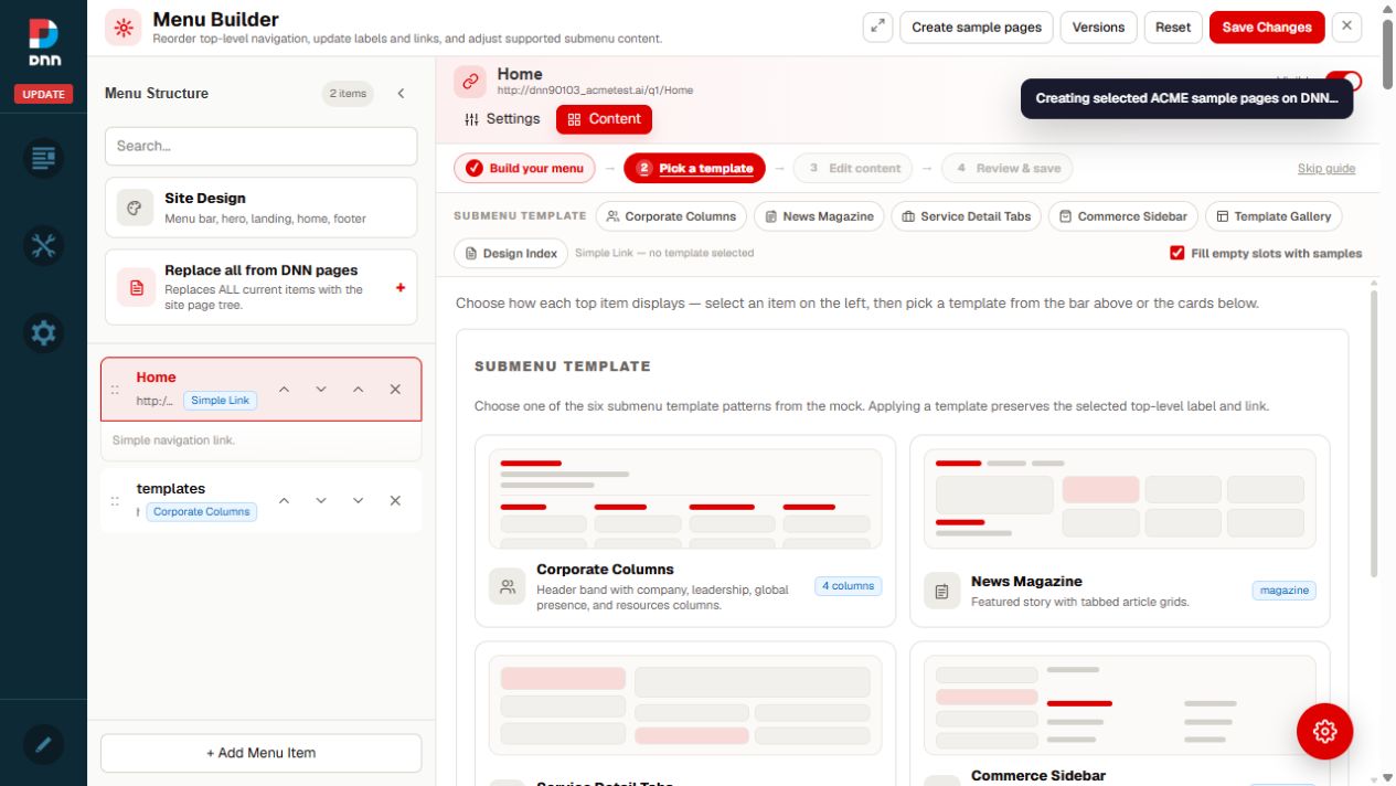 ACME sample-page creation progress and completion result