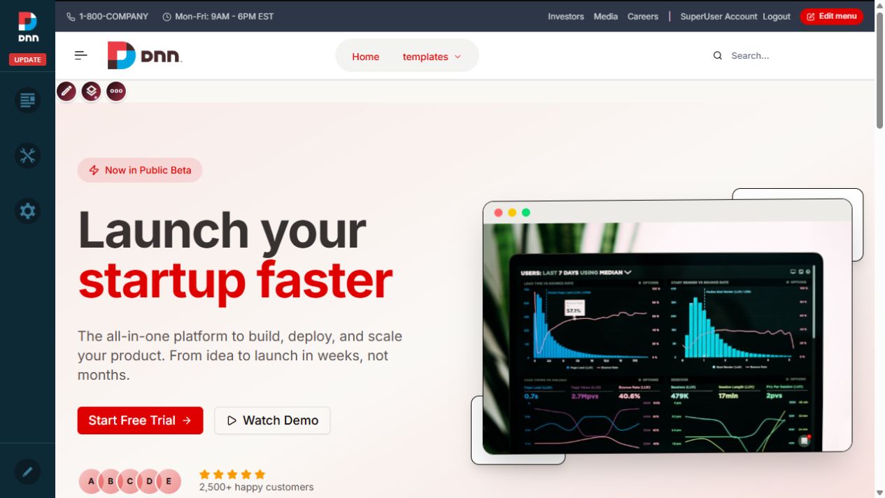 Generated Startup Launch DNN page using the ACME Skin