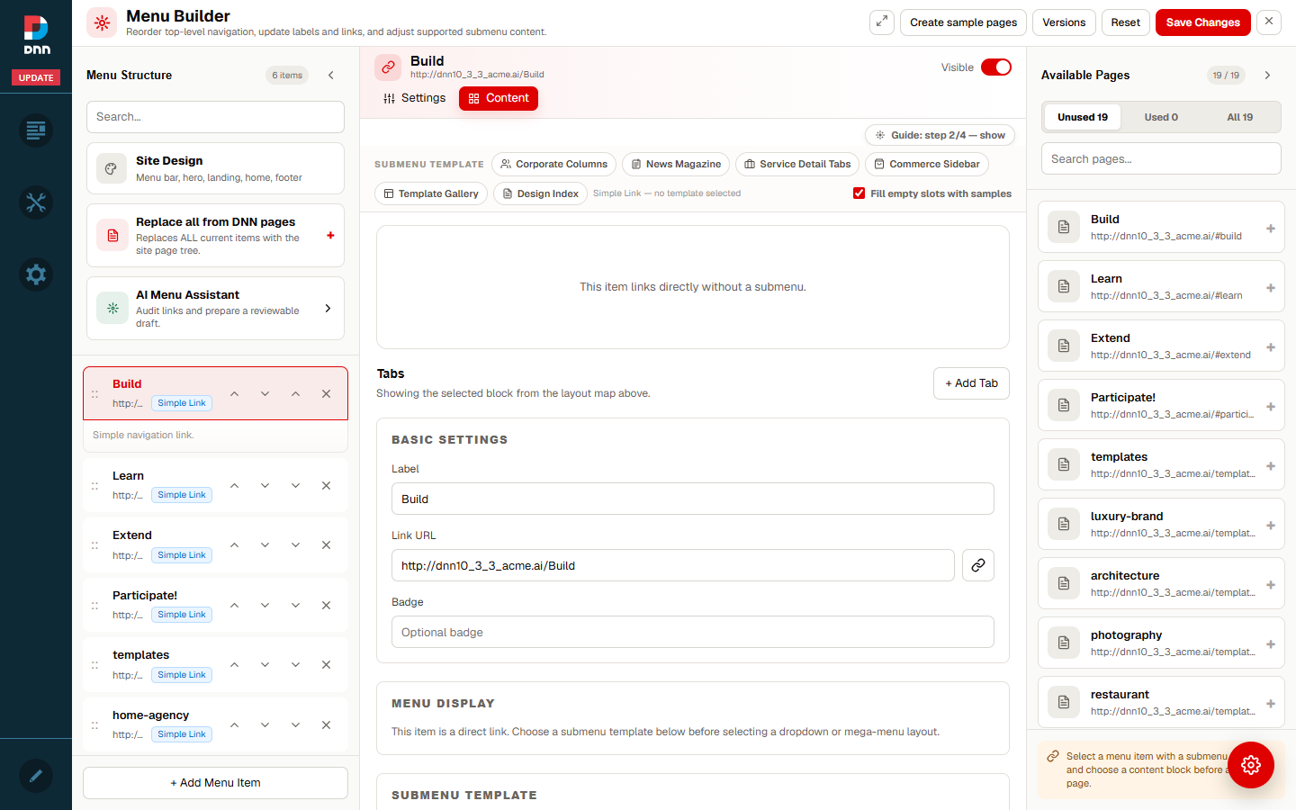 DNN Menu Builder showing the AI Menu Assistant entry and the available DNN page inventory