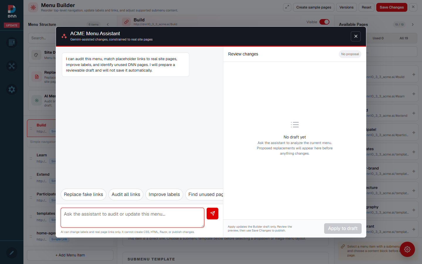 ACME Menu Assistant with quick actions for links, labels, and unused DNN pages