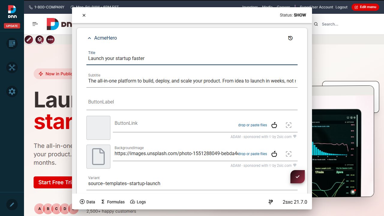 Native 2sxc AcmeHero form with structured title, subtitle, image, button, and variant fields