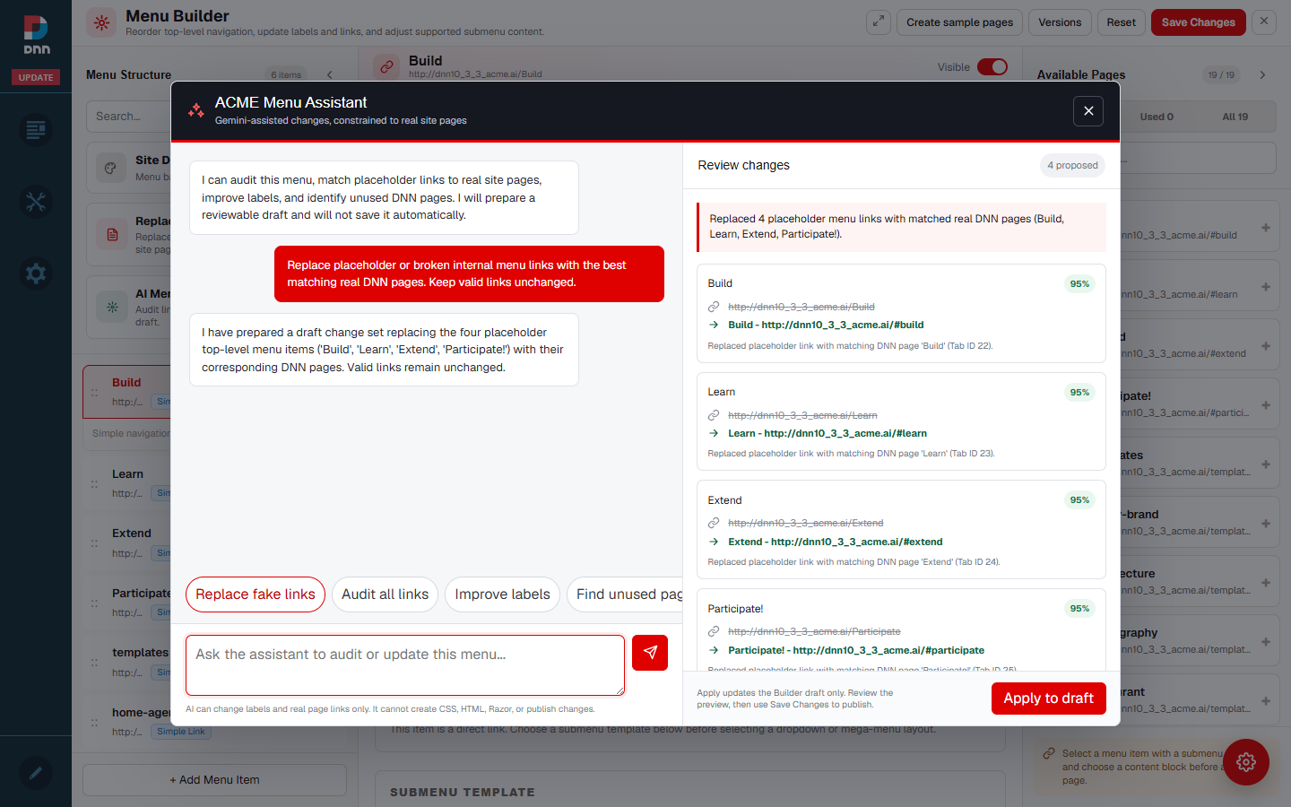 DNN Menu Assistant review panel showing proposed link replacements, confidence, and Apply to draft