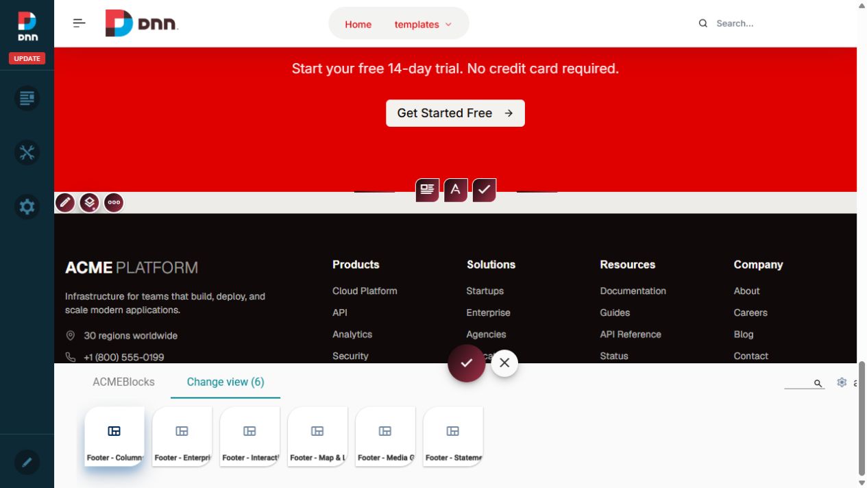 Native 2sxc Change view dialog showing the six curated ACME Footer layouts
