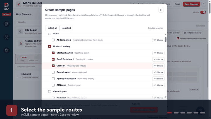 Animated walkthrough of selecting ACME routes, creating DNN pages, editing native 2sxc content, and changing Hero and Footer views