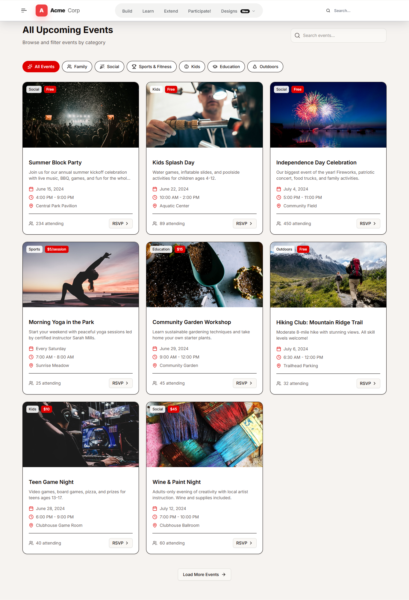 ACME All Upcoming Events view with category filters, search, and responsive event cards