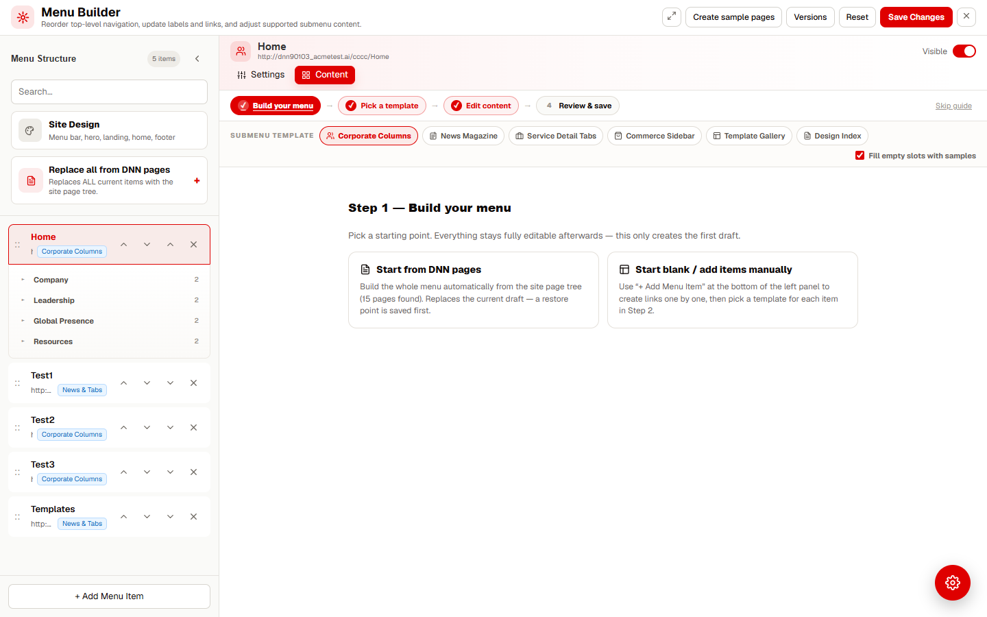 Wizard step 1 Build your menu with Start from DNN pages and Start blank cards