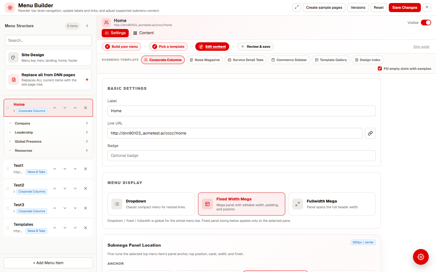 Basic Settings of a menu item: Label, Link URL, Badge and Visible toggle