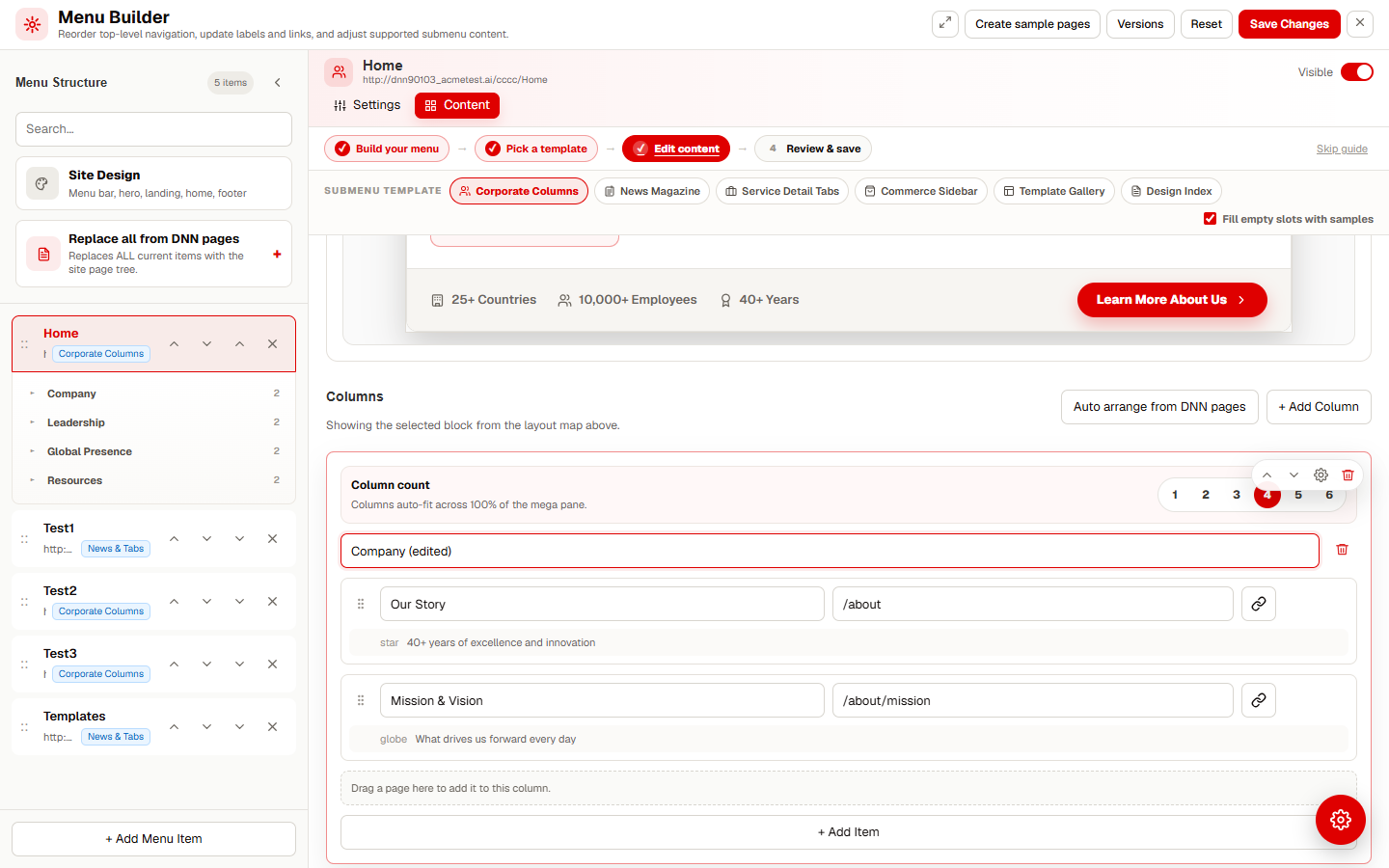 Inline block editor opened for a mega menu column with editable title and link inputs