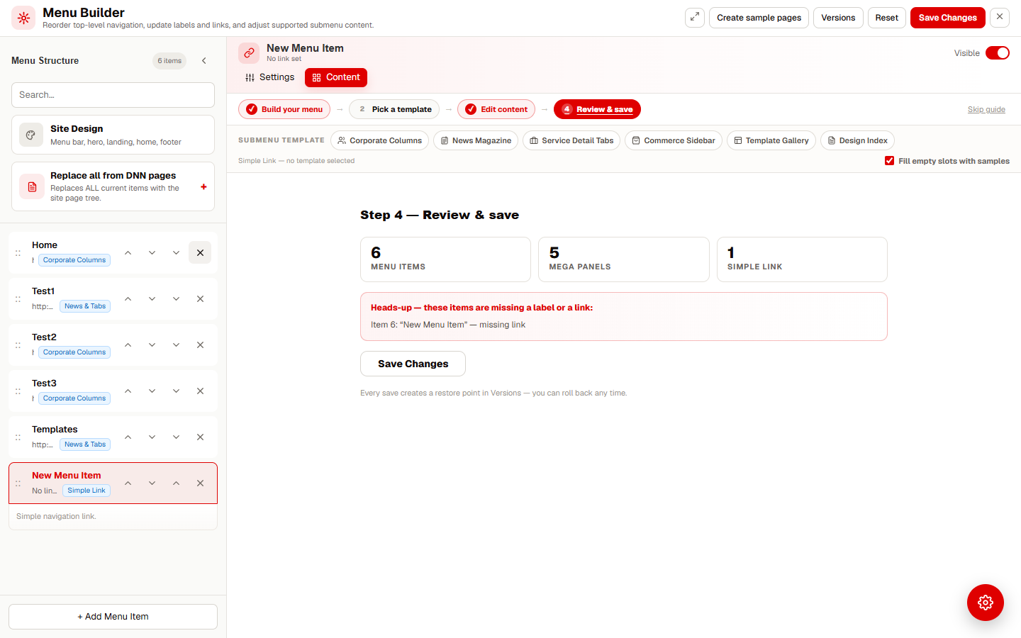 Wizard step 4 Review and save with stats, heads-up list and Save Changes button