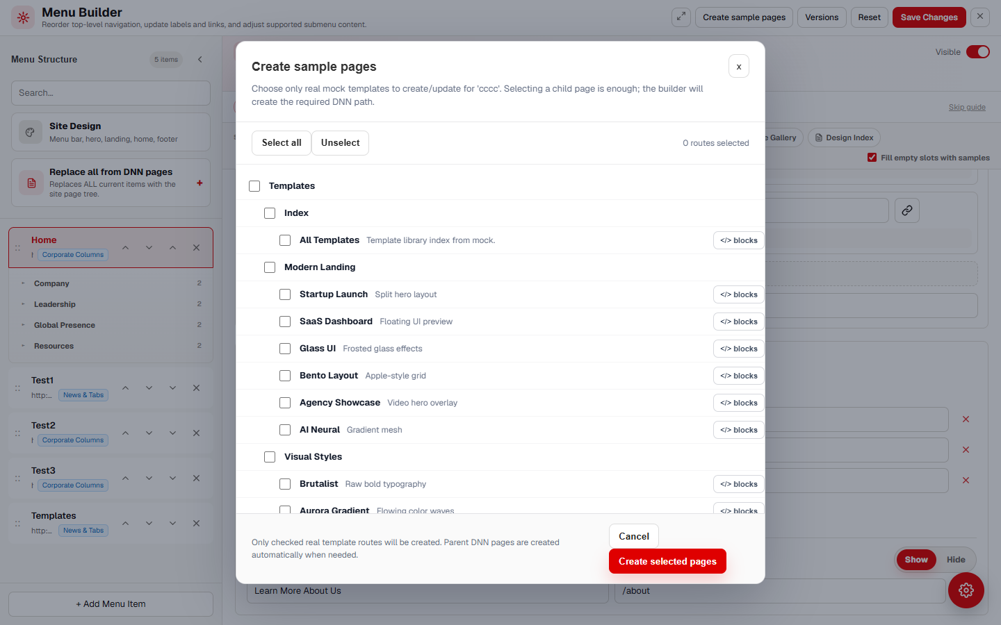 Create sample pages modal listing ready-made design routes
