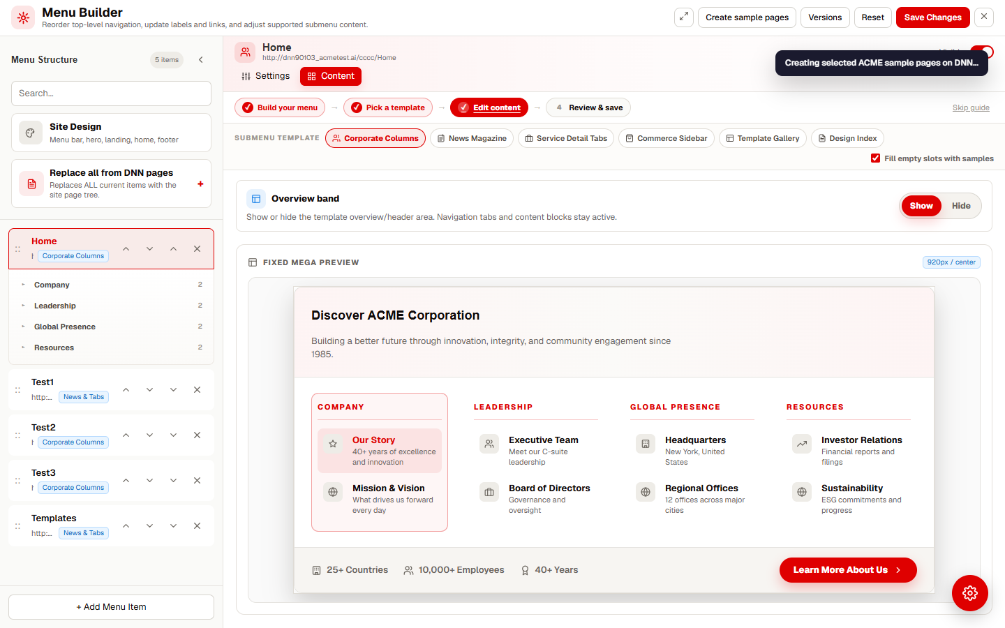 Create sample pages running with progress feedback