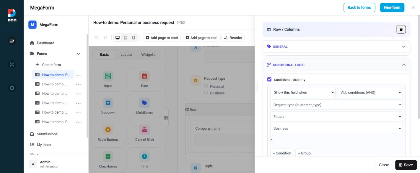 Conditional visibility settings for a group of business fields