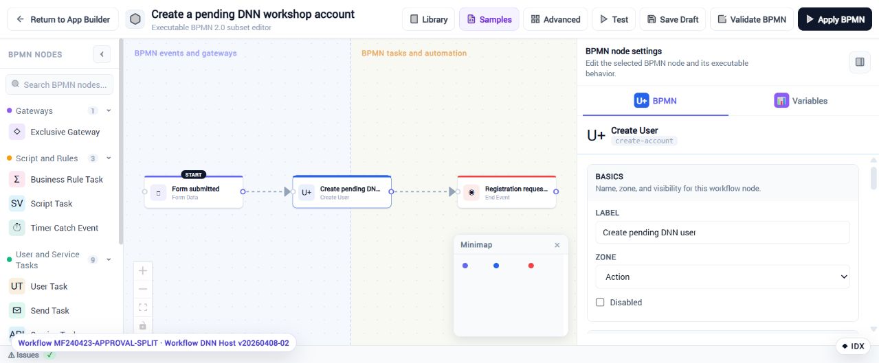 DNN user registration workflow with the Create User action selected