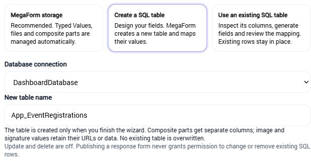 Choosing a SQL data source for a MegaForm form