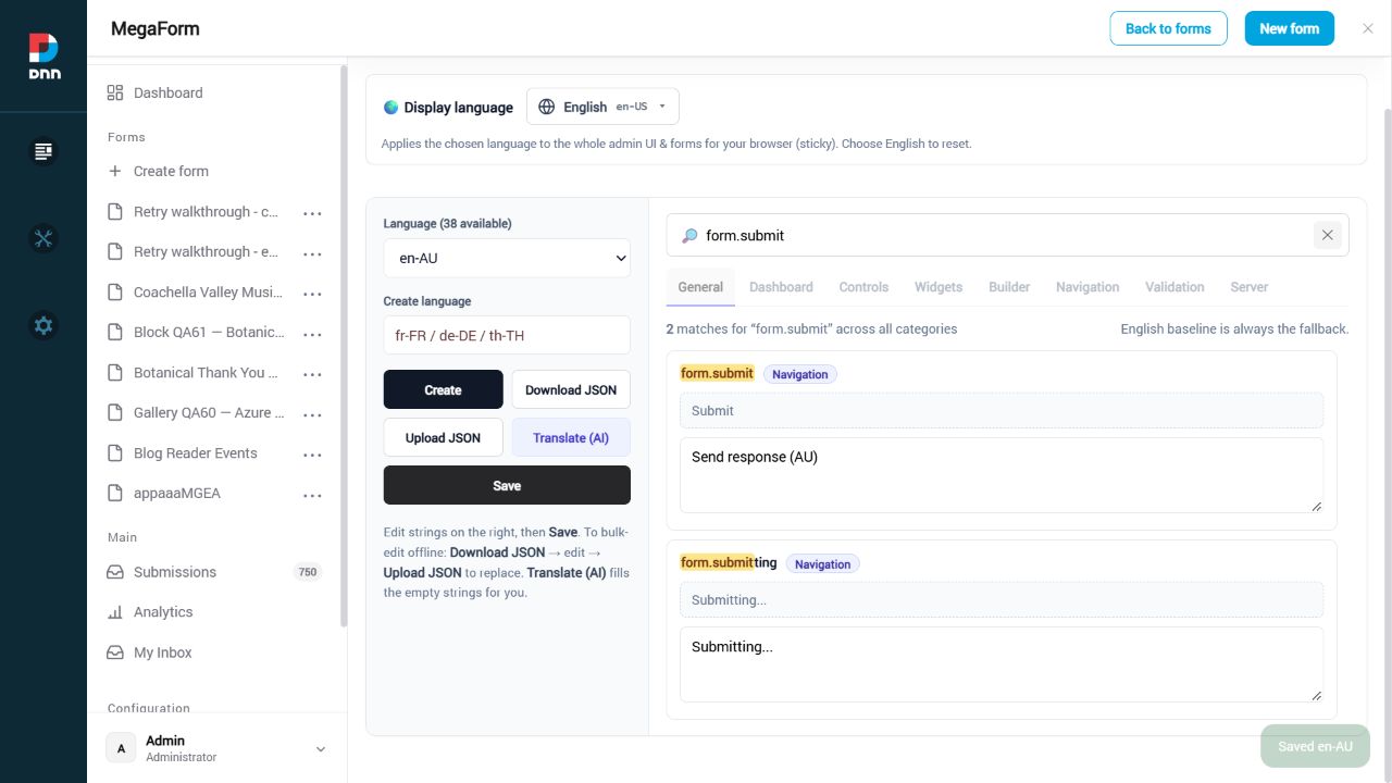 Language editor with a newly created locale and inline translation