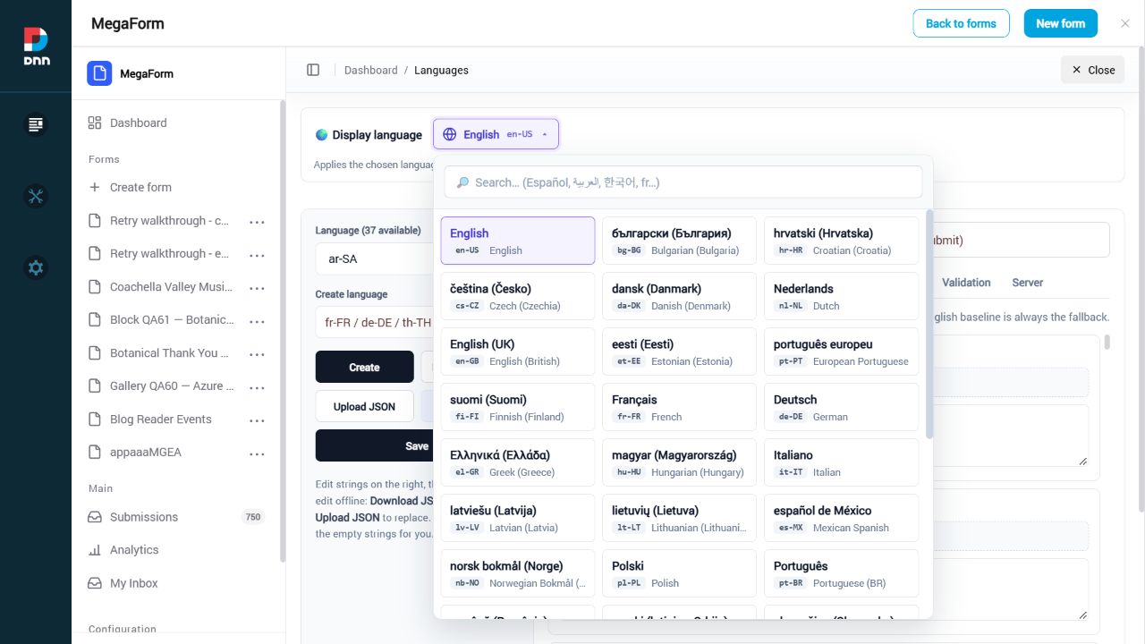 Installed language picker, searchable by name and locale