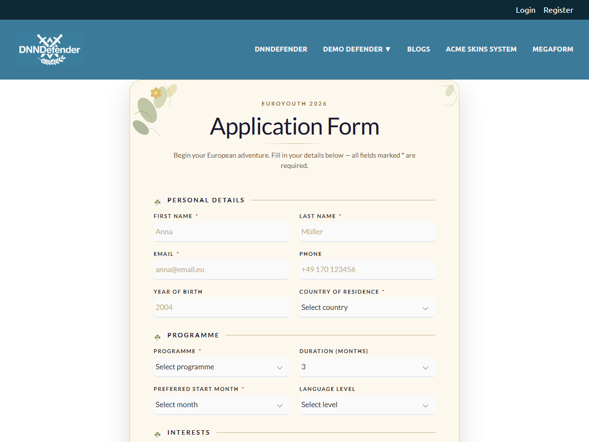 A MegaForm template rendered on a live DNN page