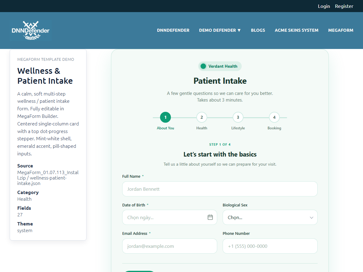 A 27-field patient intake form built in MegaForm