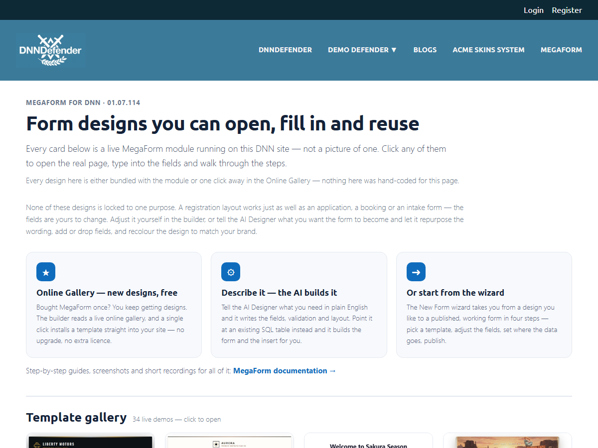 The MegaForm template gallery running live on a DNN site
