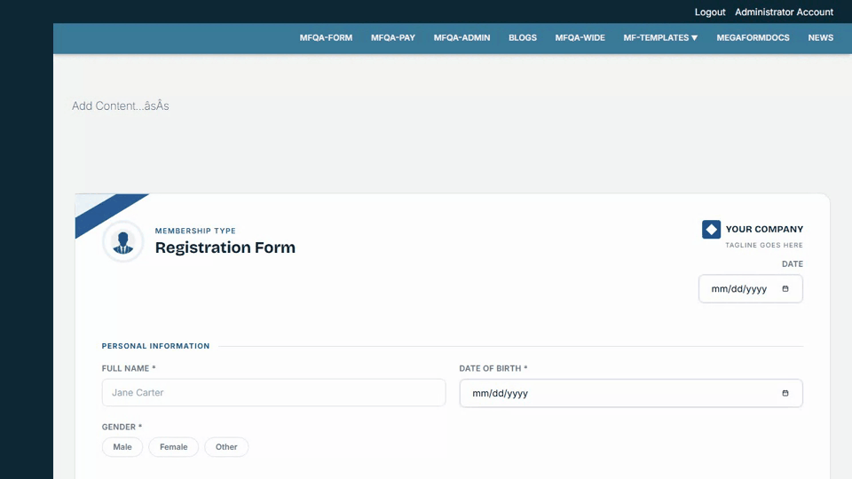 Adding a form to the current page from the MegaForm Persona Bar panel: the page picker opens with the page you are on already selected and marked “you are here”, and the confirmation links straight back to it