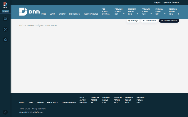 From a blank DNN page to a live form: the module starts unconfigured, Module View opens the form picker, choosing “Store” makes it the page's form, and the form is live and fillable