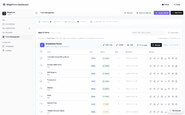 A DNN page whose MegaForm module runs in dashboard mode: form management, submissions, AI creator — the full admin surface inline