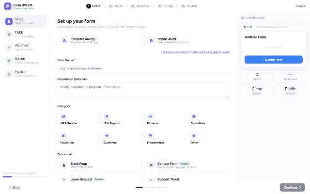 The Template Gallery on DNN: category chips filter the cards (here Business → Tabbed Account Setup, Project Intake & Onboarding); Import JSON sits at the bottom