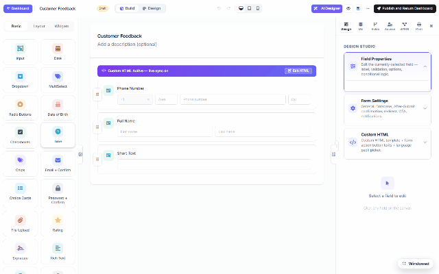 The builder on DNN: adding an Input from the palette, selecting a field to edit its properties, peeking the Design tab, and saving the draft