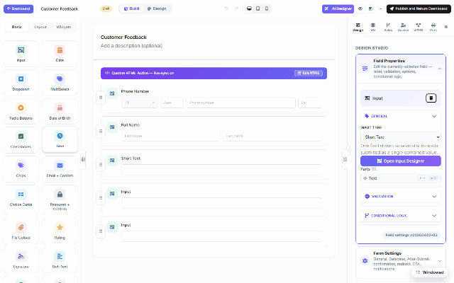 In the DNN builder: select a field, open the Access tab — the permissions matrix with the portal's roles (Administrators, Content Editors, Finance, Operations…) and the per-field visibility rules
