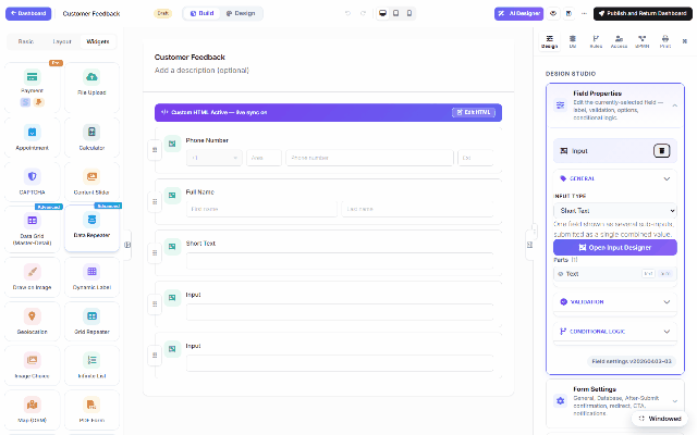 The Widgets palette group on DNN — Payment, File Upload, Appointment, Calculator, CAPTCHA, Content Slider, Data Grid, Data Repeater, Draw on Image, Geolocation… — and one being added to the canvas