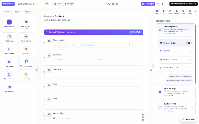 Layout tools on DNN: the Layout palette group (Row/Columns, Flex Grid, HTML Block, Section Break…), adding a row, then dragging a field by its handle to reorder