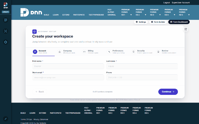 MegaForm Settings on DNN: the Module form tab, then Theme & Layout — theme presets, max width, field spacing, typography — then Current Form settings