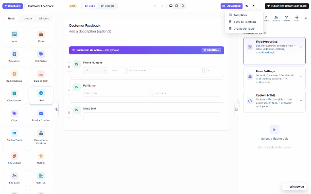 The builder's Form Settings panel on DNN: General toggles, Display Style, and the Database / After-Submit sections